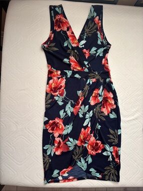 Floral Wrap Sheath Dress - Navy with Red Floral